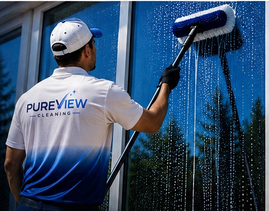 Purview technician cleaning a large residential window